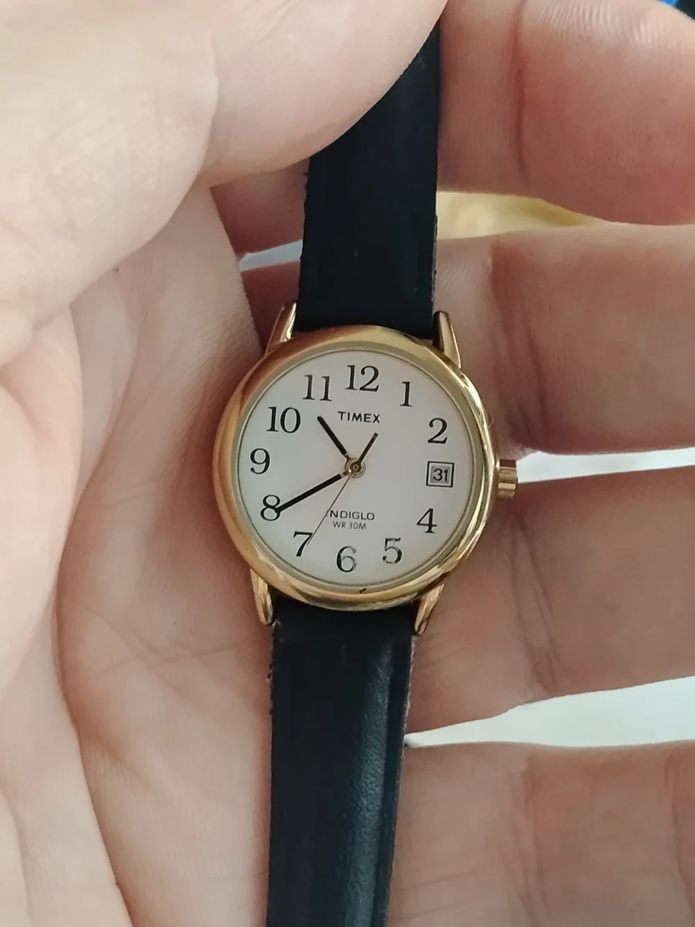 Timex Women's Indiglo Gold Case Black Leather Strap Watch - White Dial